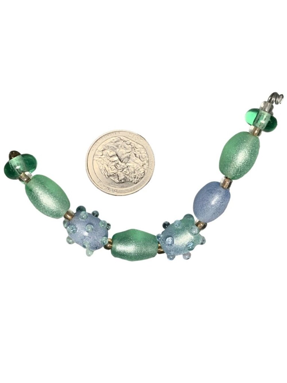 Handcrafted Lampwork Glass Beaded Bracelet In Ocean Green & Blue Textured Detail